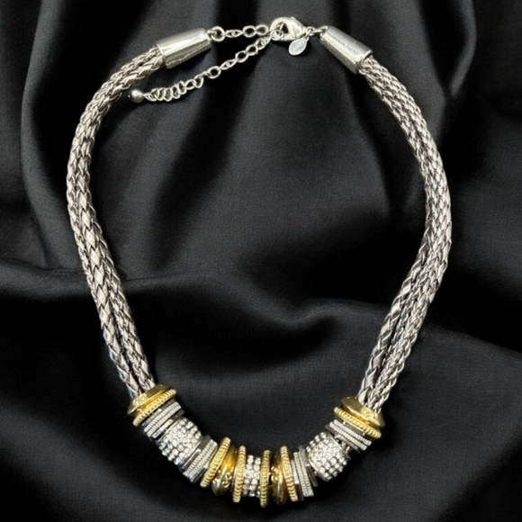 Chico’s Metallic Faux Leather Multi Braids Rhinestone Two Tone Beads Necklace - Picture 11 of 11